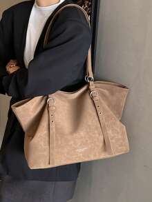 Large Capacity Tote Bag, Retro Style Faux Leather Handbag With Front Pocket For Work & Travel - Brown - View 10
