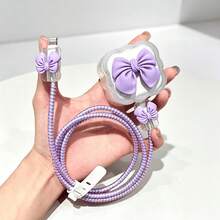 5pcs/Set Pink Bow Design 20W UK Plug Charger Protective Cover + Anti-Break Data Cable Sleeve Protector Compatible With IPhone 11/12/13/14/15/16 Pro Max/Plus - Multicolor - View 2