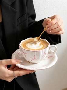1pc French Girl Style Pink Bow Ceramic Coffee Cup And Saucer Set, Delicate High-Temperature White Porcelain Material, Wavy Rim, Pink Edge Trim, Hand-Painted Soft Pink Bow Print, Rounded Comfortable Handle; Suitable For Latte, Fruit Tea, Milk, Home Afternoon Tea, Office Drinking, Cafe Display, Girly Desktop Decor, Exquisite Holiday Gift And Other Various Occasions - Multicolor - View 9