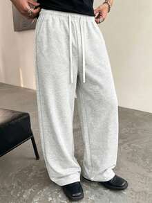 American Retro Wide Leg Sweatpants For Men, Loose Drape Concealing And Slimming, Drawstring High Waist Design Suitable For Various Body Types. Versatile For Daily Commute, Streetwear, Fashionable Men's Casual Long Pants - Light Grey - View 8