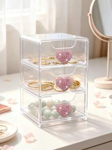 ElegantShining Heart-Shaped Desktop Storage Box With 3 Drawers, Suitable For Office And Vanity | Transparent Office Supplies Storage Drawer, Desktop Organizer Box, Suitable For Cosmetics, Jewelry, Crafts, Beads, Pens And Stationery - Multicolor - View 1