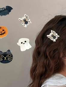 2pcs Halloween Cute Pumpkin, Ghost, Spider, Bat, Cat And More Elements Mini Acrylic Hair Clips - Holiday Daily Side Bangs Hair Clips - Multicolor - View 6