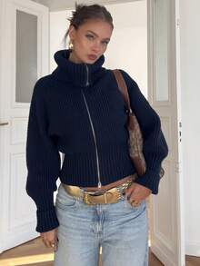 Minimalist New Women's Ribbed Knit High Neck Double Zipper Cardigan Long Sleeve Short Loose Knit Jacket, Casual Daily Street Style Fall - Royal Blue - View 5