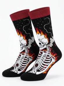 1 Par de Meias Masculinas de Cano Médio, Algodão com Estampa de Caveira do Dia dos Mortos, Chama e Rosa, Quentes para Outono/Inverno, Presente de Halloween/Natal - Multicolorido - Visão 2