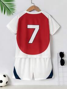 White & Red No.7 Summer Mesh Fabric Kids Soccer Jersey Set, 7 Number Print Short Sleeve & Shorts 2 Pieces Set For Teenagers - Red - View 2