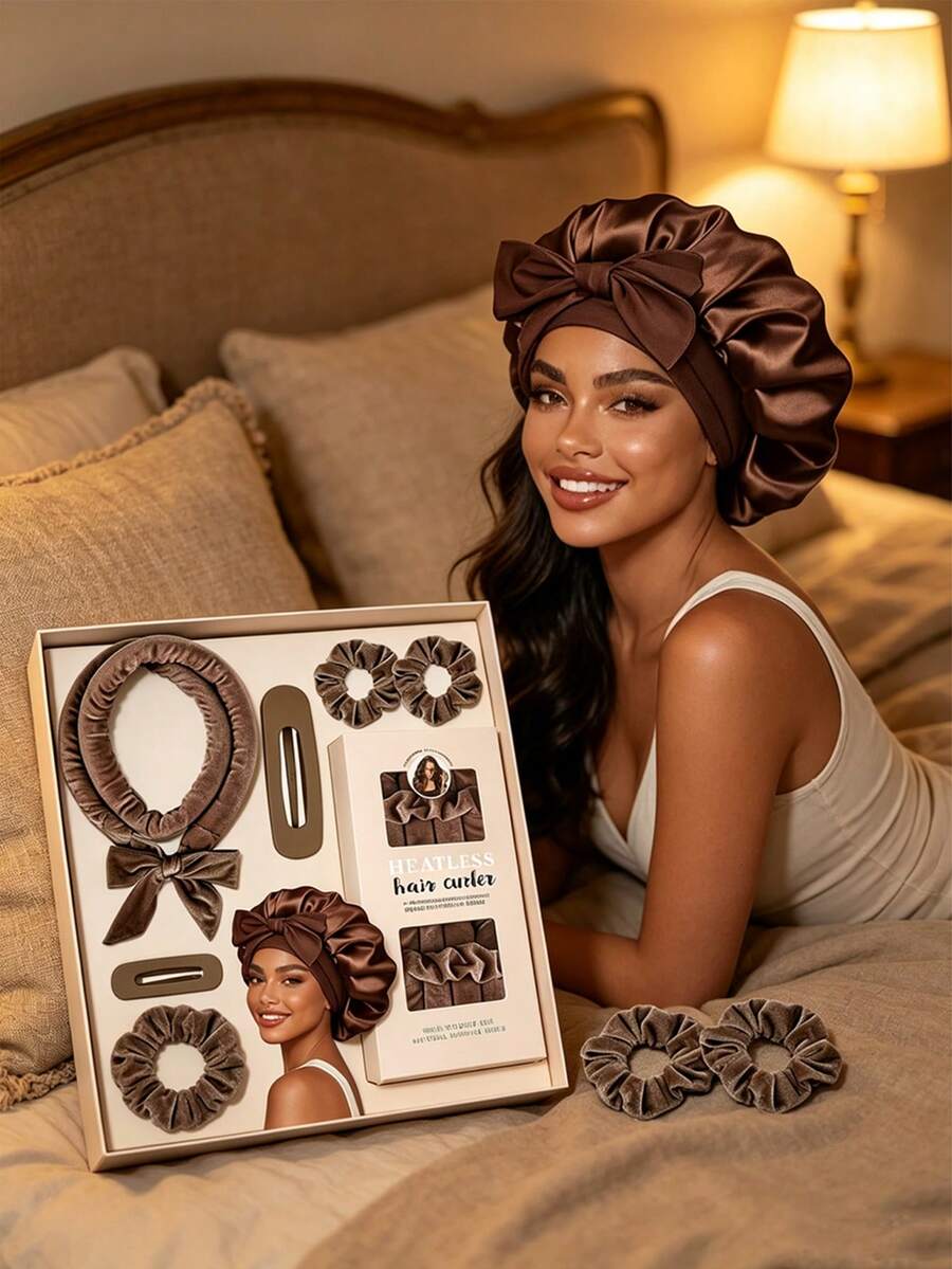 Heatless Curling Set, Create Natural Wavy Curls Overnight Without Heat Damage. Includes Satin Sleep Cap, Hair Bands And Hair Clips. Soft And Silky Texture, Easy To Use During Sleep. Suitable For Home And Travel, Get Charming Curls Every Morning. - Multicolor - View 1