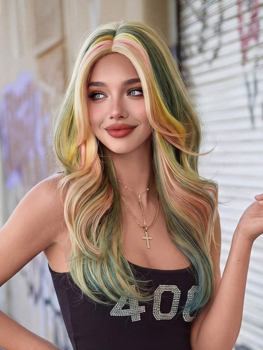 AKAKO 20 Inch Rainbow Multi Color Long Wave Wig With Middle Part, Heat-Resistant Synthetic Halloween Costume Wig For Cosplay, Music Festival Party Wear - Multicolor - View 1