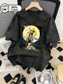 大尺碼女款復古水洗雪花T恤，卡通角色印花，休閒圓領短袖，夏季上衣，日常穿著T恤，黑色 - 黑色 - 查看 1