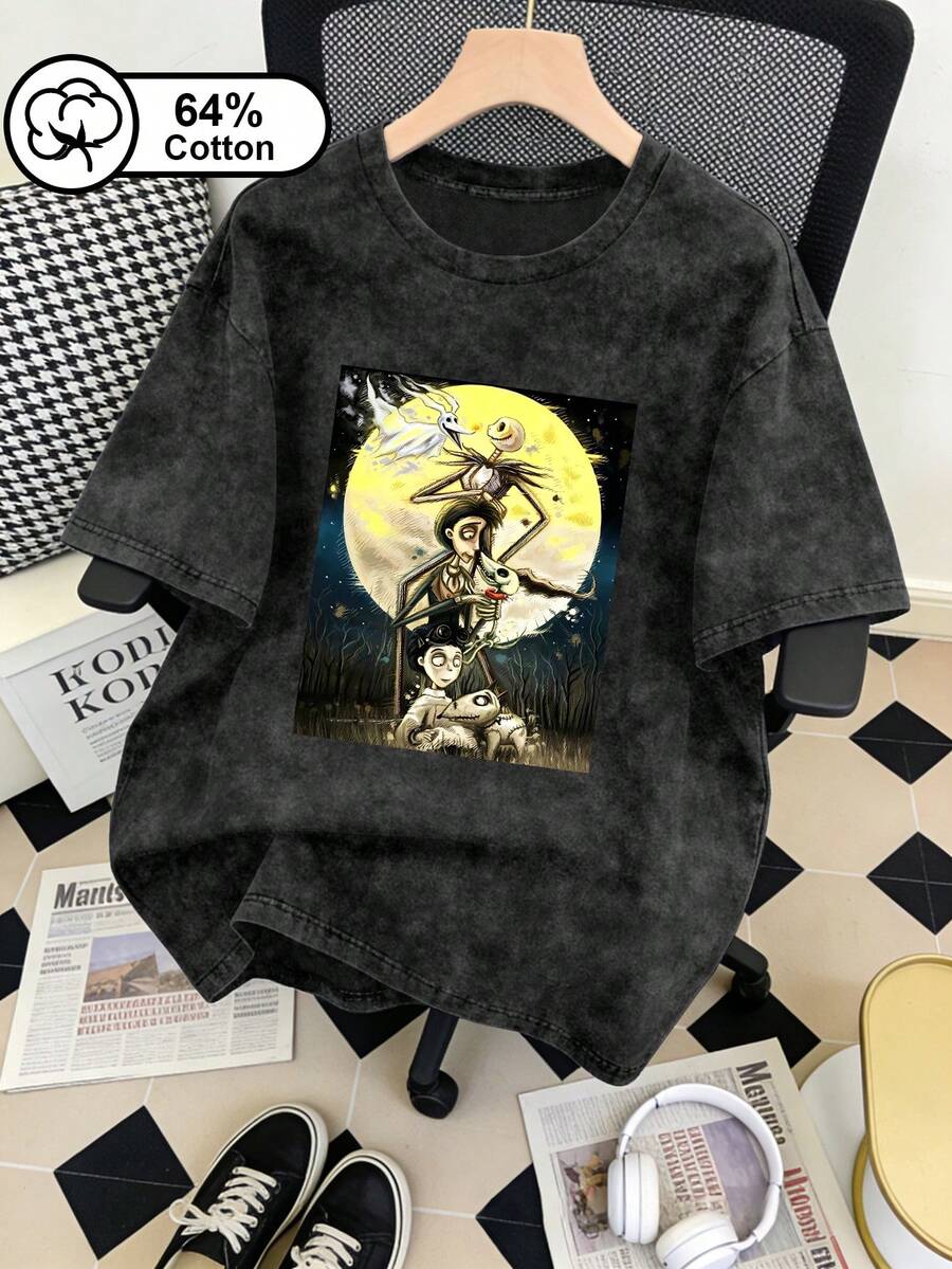 大尺碼女款復古水洗雪花T恤，卡通角色印花，休閒圓領短袖，夏季上衣，日常穿著T恤，黑色 - 黑色 - 查看 1