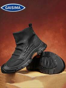 GAISIMA Sepatu Bot Kerja Pria dengan Motif Patchwork Timbul, Resleting Samping, Sol Tebal, Gaya Retro Taktis, Sepatu Bot Setinggi Mata Kaki, Cocok untuk Mendaki Gunung, Aktivitas Luar Ruangan, Pakaian Musim Gugur/Dingin - Hitam - View 2