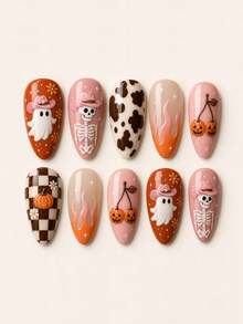 10pcs Halloween Y2K Western Style Press-On Nails, Includes 3D Skull, Ghost, Cow Print, Flame, Pumpkin And Cherry Designs, Medium Almond Shape Artificial Nails, Suitable For Halloween Party And Music Festival Outfits - Multicolor - View 1
