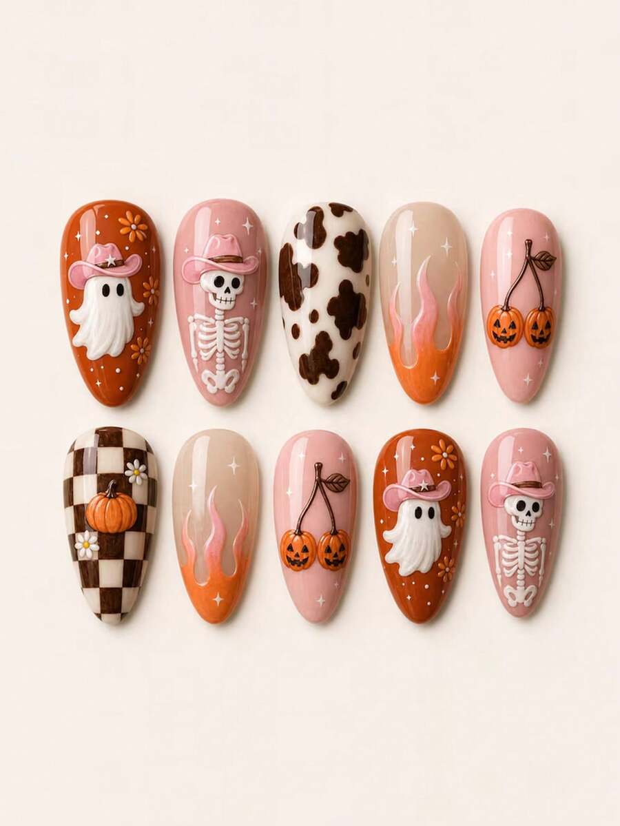 10pcs Halloween Y2K Western Style Press-On Nails, Includes 3D Skull, Ghost, Cow Print, Flame, Pumpkin And Cherry Designs, Medium Almond Shape Artificial Nails, Suitable For Halloween Party And Music Festival Outfits - Multicolor - View 1