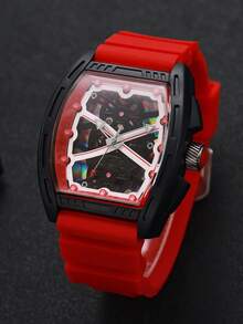 Men's Silicone Watch Classic Fashion Barrel-Shaped Personalized Gear Dial Handsome Sports Quartz Wristwatch (1pc/Set) Watch Box Not Included - Red - View 5