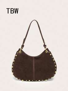 Women's Crescent Minimalist Rivet Decor Suede Retro Punk Style Shoulder Tote Bag , Goth , Punk - Coffee - View 1