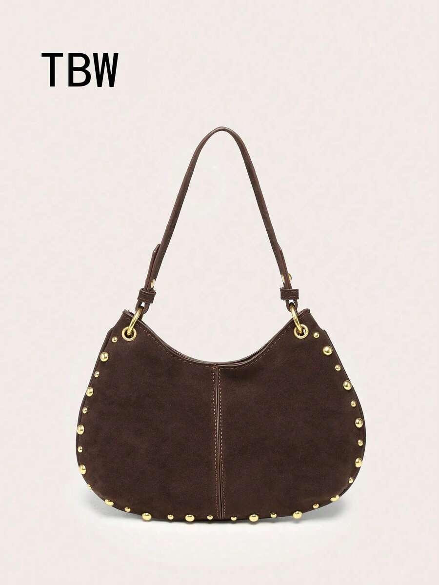 Women's Crescent Minimalist Rivet Decor Suede Retro Punk Style Shoulder Tote Bag , Goth , Punk - Coffee - View 1