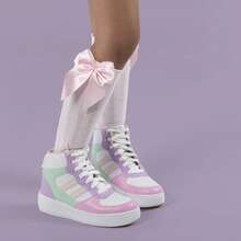 Girls' 3/4 Knee-High Party Socks With Satin Bow, 16-33, For Baptism, Wedding, Flower Girl, Social, Dance, Events, Elegant, School - 黑色,粉紅色與紅色 - 查看 2