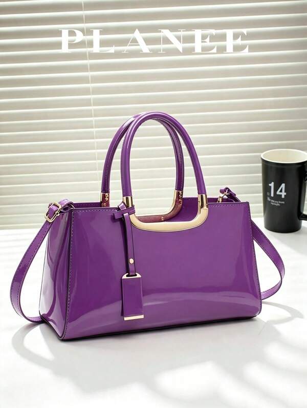 Purple Women's Patent Leather Handbag With Gold Metal Trim And Adjustable Shoulder Strap, Suitable For Work, Dates, Evening Events And Parties, 2026 Fashion