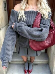 Women's Slouchy Off-Shoulder Sweater, Loose Fit Dropped Shoulder Chunky Knit Long Sleeve Pullover Top, Autumn/Winter - Grey - View 8