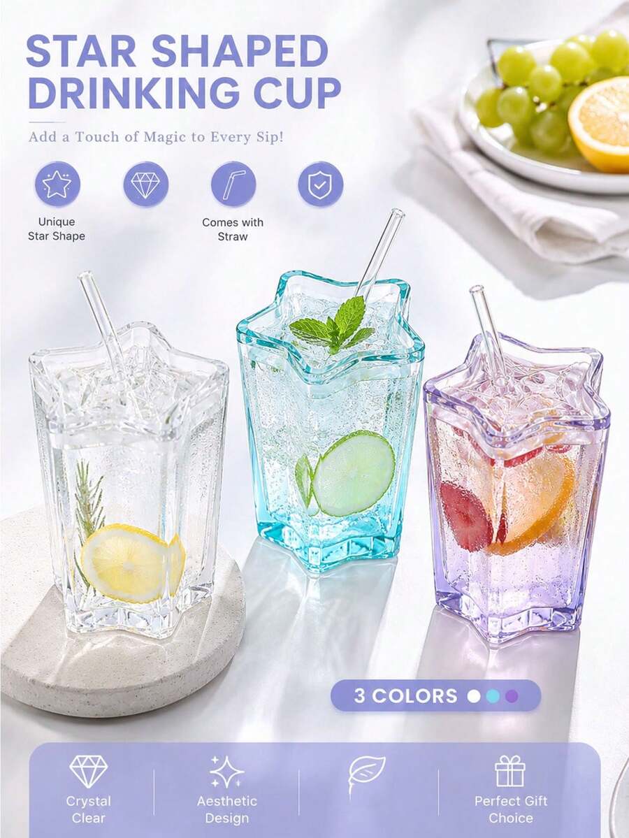 Star Gradient Glass Cup With Straw, Beautiful Crystal Drinking Cup, Suitable For Iced Coffee, Smoothies And Cold Drinks, Kitchen Utensil Home Decor, Essential For Camping, BBQ And Outdoor Gatherings, , Multipurpose Glass Drinkware For Home Kitchen, Campsite, Apartment, Dorm, Perfect For Summer BBQ And Camping Trips