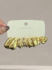Set Anting Emas Metalik 24/8pcs Elegan dengan Motif Bunga dan Geometris, Bentuk Hati & Poligon, Cocok untuk Pemakaian Sehari-hari, Hadiah Kejutan - Yellow Gold - View 3