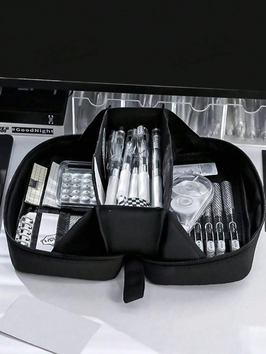 1pc Large Opening Volcano Shaped Student Pencil Case, 180° Expandable, Large Capacity Design, Transparent Fabric Window On Front, Multi-Layer Zipper Compartments For Stationery Storage; Can Be Placed On Desk For Pencil, Eraser And Other Stationery Storage, Also Can Be Put In Backpack For Storage, Ideal Choice For Back To School Season.