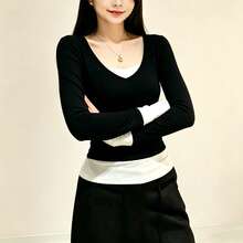 Pure Desire 女款性感女孩對比色V領長袖T恤，修身顯瘦，時尚休閒優雅通勤百搭疊穿上衣，秋季穿搭 - 黑與白 - 查看 4