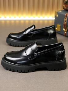 Men's Minimalist Thick Sole Slip-On Loafers, Comfortable Business Casual Daily Wear Shoes - Black - View 6