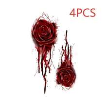 4 piezas de pegatinas de tatuaje temporal de rosa de sangre de Halloween, patrón de rosa gótica oscura con goteo, arte corporal unisex para cosplay, fiesta, actuación, decoración, brazo, muñeca, clavícula, accesorios para fotos, estilo oscuro, efecto de gota de sangre 3D, fiesta de verano, festival de música, rosa sangrienta de terror oscuro unisex, efecto fotográfico de atmósfera fuerte - Multicolor - Ver 7