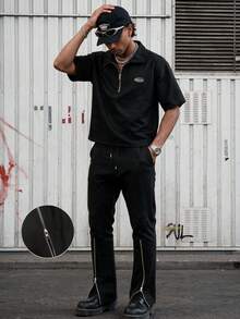男士春夏短袖 Polo 衫半開襟領，配拉鍊側開衩長褲，對比色休閒街頭風襯衫套裝，寬鬆版型，適合多種場合，男士禮物 - 黑色 - 查看 2