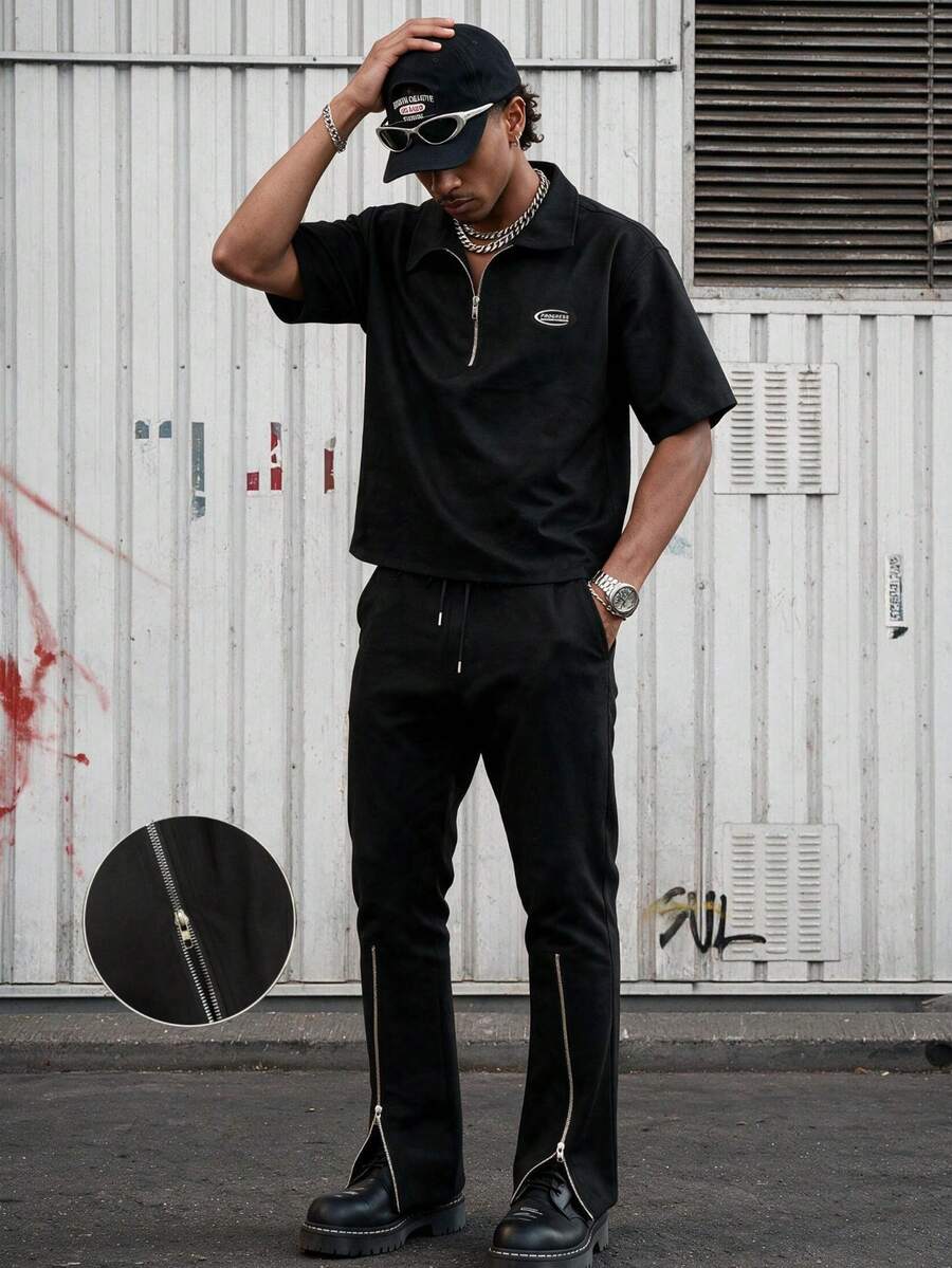 男士春夏短袖 Polo 衫半開襟領，配拉鍊側開衩長褲，對比色休閒街頭風襯衫套裝，寬鬆版型，適合多種場合，男士禮物
