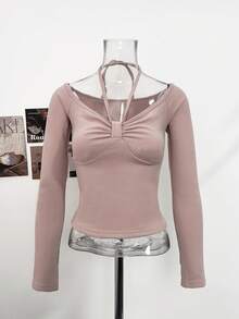 Kaos Lengan Panjang Model Halter Neck Slim Fit untuk Wanita Tercantik di Musim Gugur, Atasan Lapisan Dasar yang Menawan - Berwarna merah muda - View 6