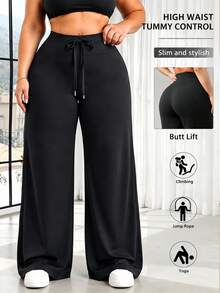 Women's Plus Size Wide Leg Pants, Versatile Wide Leg Pants, High Elastic Waist Fabric, Suitable For Sports, Casual, Party And Vacation Occasions - Black - View 2