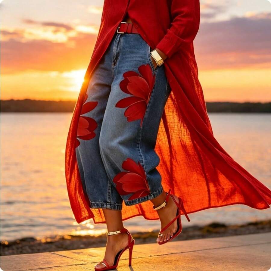 Pantalones vaqueros de moda, talle alto, estampado floral, pierna ancha y corte holgado - Rojo - Ver 1