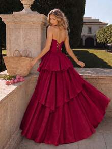 VIPGIRL Elegant Burgundy Strapless Bow Layered High Slit Formal Maxi Dress, Floor-Length Formal Evening Gown, Wedding Guest Dress Spring Fall Party - 紅色 - 查看 3
