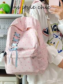 Small Polka Dot Contrast Color Ribbon Tie Backpack, Plush Puppy Charm Decoration, Waterproof Multi-Compartment Large Capacity, Sweet Ins Campus Style, Suitable For Students School, Daily Commute, Travel - Pink - View 3