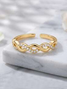 1pc Gold Twisted Rope Zirconia Ring, Adjustable Open Band, Fashionable Gift For Women's Daily Wear - Gold - View 4