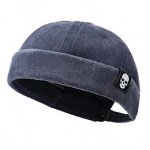 1pc Skull Logo Hat, Washed Distressed Brimless Skull Cap, Solid Color, Suitable For Parties And Outings, Unisex, All Season - A - View 8