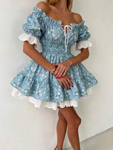 Women's Blue Ditsy Floral Sexy Cute Romantic Countryside Sweet Off-Shoulder Contrast Color Lace Patchwork Tie Waist Mini Dress, Spring/Summer Elegant - Baby Blue - View 3