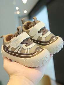 1 Pair Baby Contrast Color Hook & Loop Walking Shoes, Anti-Collision Toe, Non-Slip Thick Sole, Casual Shoes For Boys & Girls, All Season - Khaki - View 3