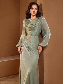 Women's Elegant Green Mermaid Gown, Decorated With Pearls, Long Bishop Sleeves, Ruched Corset, Suitable For Formal Evening Events - Mint Green - View 7