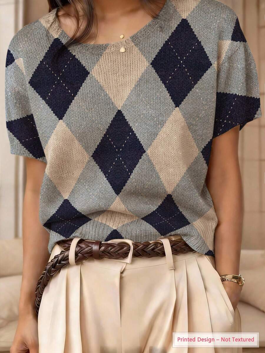 ADFHP Atasan Rajut Lengan Pendek Musim Panas Wanita, Motif Argyle Gaya Kolegiat Vintage, Atasan Serbaguna dengan Bahu Jatuh Longgar untuk Liburan - MultiWarna - View 1