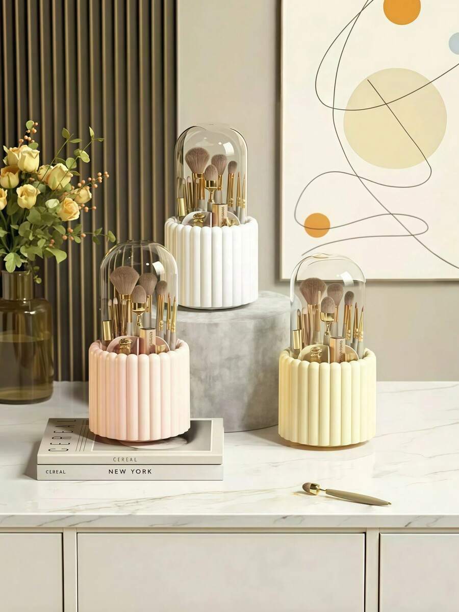 1pc Rotating Makeup Brush Holder, Fashionable Minimalist With Transparent Lid Pen Holder, Cosmetic Storage Tube, Rotating Skincare Storage Box For Vanity, Cosmetic Storage Box, Vanity Storage Box