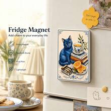 Vintage Blue Cat Fridge Magnet, Cute Aesthetic Kitchen Decor, Book & Tea Motif, Strong Magnetic Refrigerator Sticker For Cat Lovers, Unique Housewarming Gift - 1PC - View 5