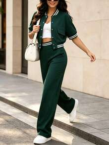 Spring Summer Autumn Casual Style Women's Fashion Commuter Set, Comfortable Single-Breasted Contrast Color Top + Striped Contrast Color Straight Leg Pants 2-Piece Set, Spring Summer Women's New Slimming Fit, Suitable For Sports, Daily Wear, Exercise, Running, Etc. - Dark Green + White - View 1