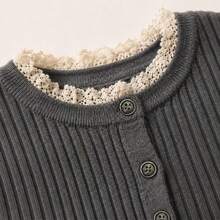Cardigan Rajut Bergaris Elegan dengan Lengan Panjang Berkerut, Leher Bulat, dan Hiasan Renda Halus Ini Adalah Pilihan Sempurna untuk Liburan Musim Gugur/Musim Dingin - Grey - View 4