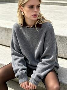 Fashionable Women's Gray Long Sleeve Pullover Sweater, Loose Fit, Ribbed Knit Detail, Suitable For Autumn Wear - Grey - View 5