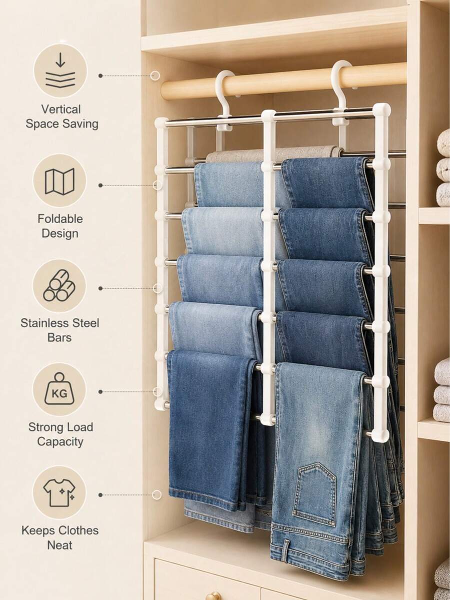 Space-Saving Multi-Layer Pants Hanger, Foldable Plastic Closet Organizer With Non-Slip Storage Bars, Easy Assembly Trouser Rack For Jeans, Leggings, Slacks And Casual Pants, Wardrobe Storage For Bedroom, Dorm, Apartment And Seasonal Organization - Multicolor - View 1