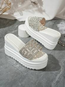New Rhinestone Thick Sole Wedge Flip Flops, 5.5cm Front Platform, 8.5cm Heel Height Slip-On Sandals, Women's Summer Shiny Comfortable Thick Sole Slippers - White - View 6