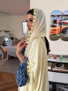 Summer Fashion Long Dress With Patchwork Ribbon And Floral Design, Includes Headscarf - Yellow - View 2