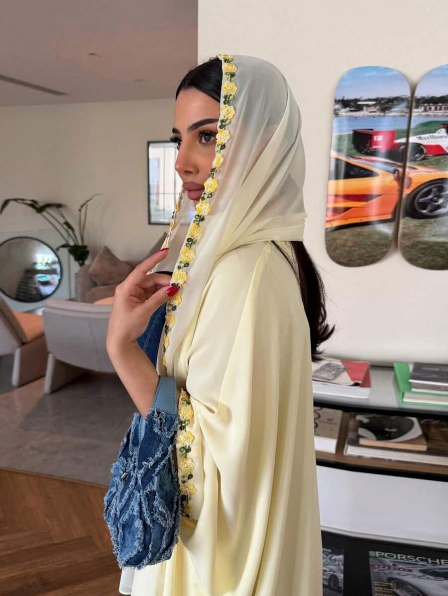 Summer Fashion Long Dress With Patchwork Ribbon And Floral Design, Includes Headscarf
